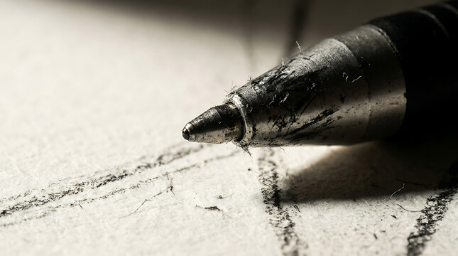 Close-up macro shot of a worn ballpoint pen tip creating dark lines on textured sketching paper