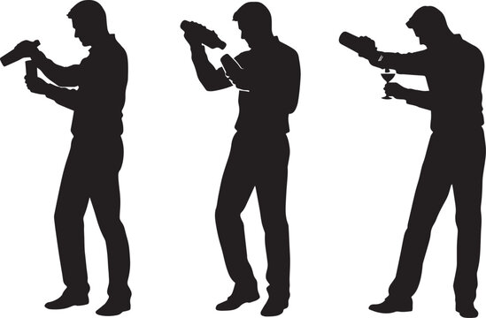 Professional bartender silhouette set, male mixologist shaking cocktails, barman preparing drinks with shaker and glassware vector collection