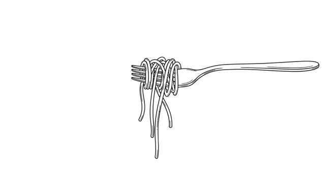 Hand-drawn fork with spaghetti, simple line art, isolated on white background.