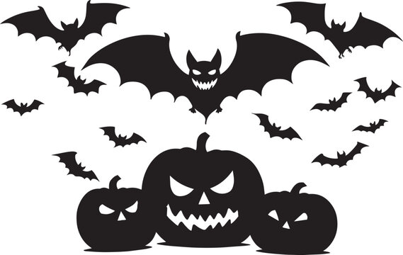 Halloween spooky bat silhouettes and jack o lantern pumpkins, scary flying bats with evil faces, black holiday vector graphics on white background