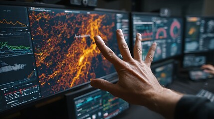 Fototapeta premium Hand interacting with complex data visualization on multiple screens in a control room.