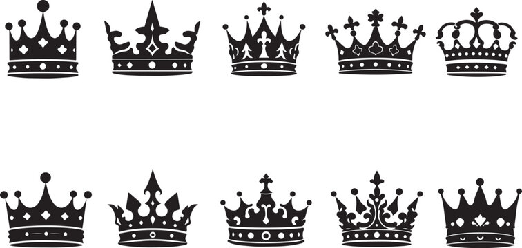 Royal crown silhouettes set, 10 black imperial coronet icons, vintage heraldic king and queen headwear vector collection for luxury branding