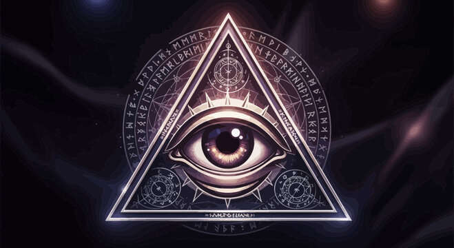 Mystical All-Seeing Eye inside Glowing Triangle with Esoteric Symbols