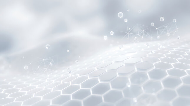 Abstract white hexagonal grid surface with floating clear droplets, representing scientific or cosmetic technology.