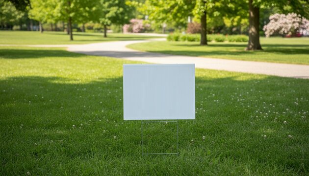 Blank yard sign on green grass. Yard sign mockup in the park near the walking path