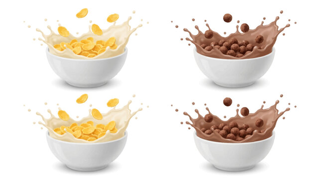 Splashing milk and cereal in white bowls on a clean white background