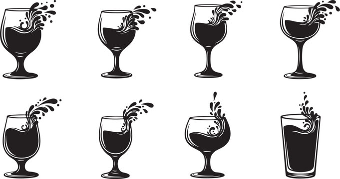 Wine Glasses with Liquid Splashing and Pouring Freely