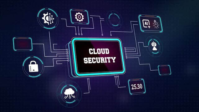 Modern cloud security interface showing encrypted data storage and virtual network protection icons perfect for hosting services and corporate cloud storage ads