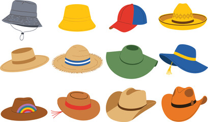 Fashion hats vector collection, cowboy straw bucket and summer headwear illustration set isolated accessories design © MdMajnur