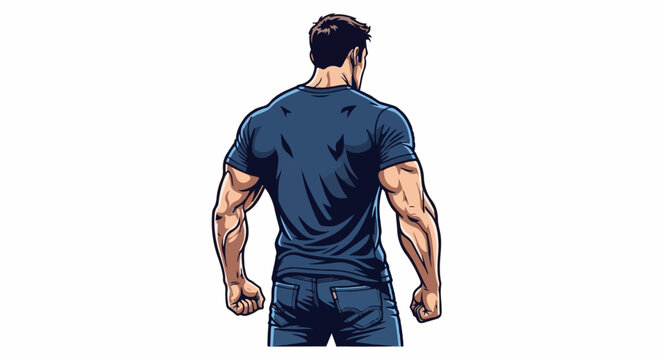 Muscular man with dark hair in a blue t-shirt and jeans, seen from the back