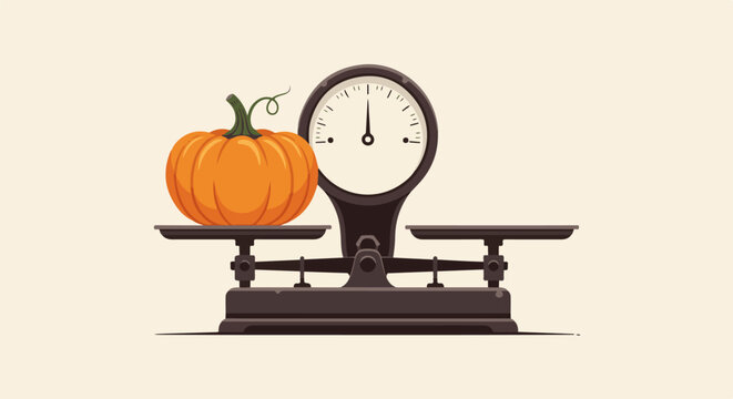 A rustic balance scale weighs a vibrant orange pumpkin against a pale, neutral background