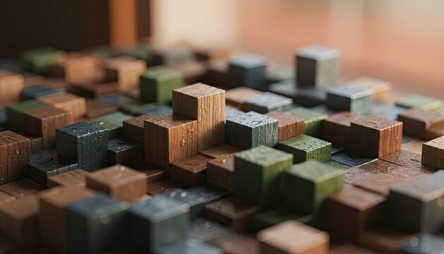 Abstract 3D composition of white cubes and voxels with soft shadows and digital depth field