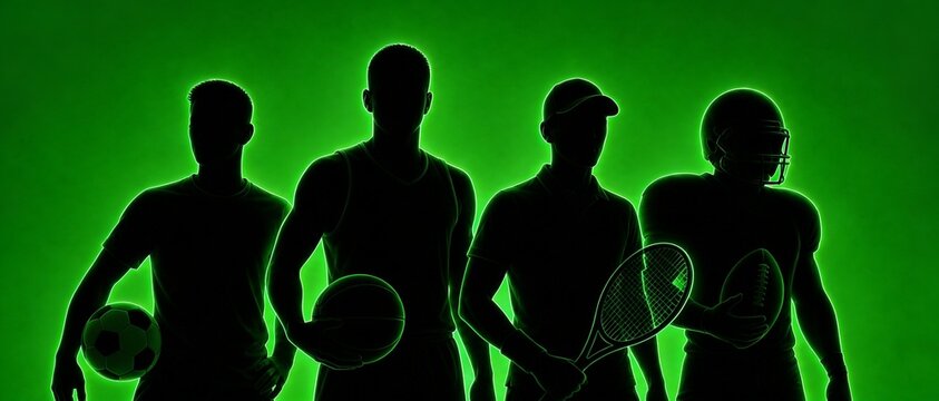 Athletes' Silhouette: A dynamic silhouette of four athletes, each holding a different sports ball or equipment, are showcased against a vibrant neon green backdrop.