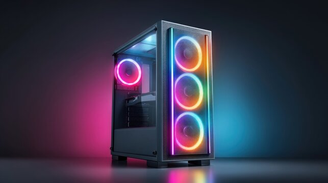 Modern computer tower with vibrant RGB lighting and transparent side panel