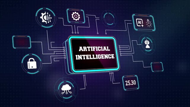 Digital artificial intelligence visualization with glowing brain circuit elements and automation symbols ideal for futuristic software ads and robotics research videos