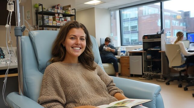 Young Woman Smiling While Receiving Infusion Treatment in a Modern Clinic.