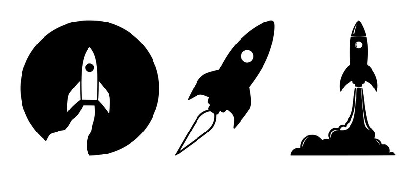 Rocket launch startup set with solid black icon and white background featuring rocket, launch, startup symbol with vector, illustration and business