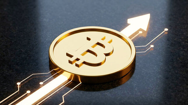 Gold bitcoin coin on a circuit board surface with a bright glowing upward growth arrow
