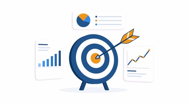Business target strategy concept with dartboard arrow, growth charts, analytics dashboard and financial planning elements, flat 2d illustration isolated on transparent background with alpha channel