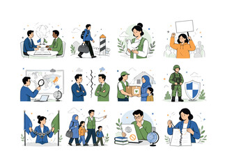 Fototapeta premium Global Conflict Dialogue. Global conflicts, diplomacy, peace talks, war impact, humanitarian support, migration, sanctions, defense, protest, and international agreements. 12 minimalist editorial