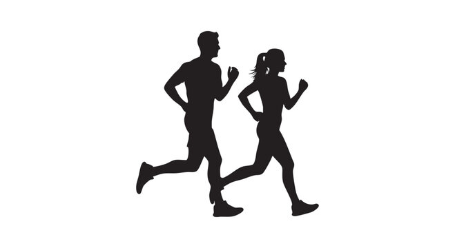 Silhouette of man and woman running together outdoor sport activity isolated on white background digital graphic art.