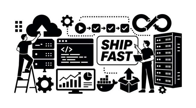 DevOps Automation Systems. Wide banner with 2 engineers managing an oversized cloud server and deployment pipeline, giant code window and server rack stretching to opposite edges, small docker