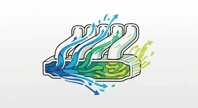 Diagram shows abstract flow of colored liquids and gases through a multi-channel system