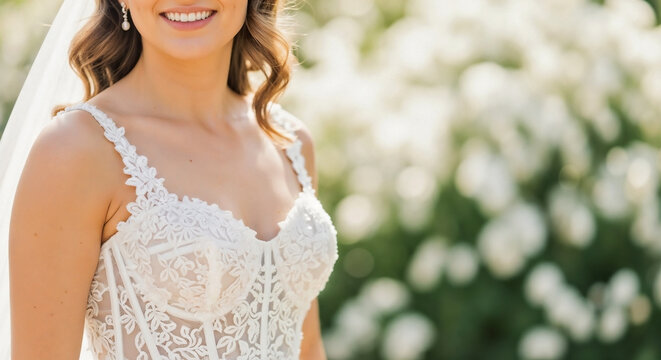 Joyful bride wearing a lace corset bodice wedding dress, posing for a bridal portrait against a lush white floral background for wedding blogs, bridal fashion, and event planning.