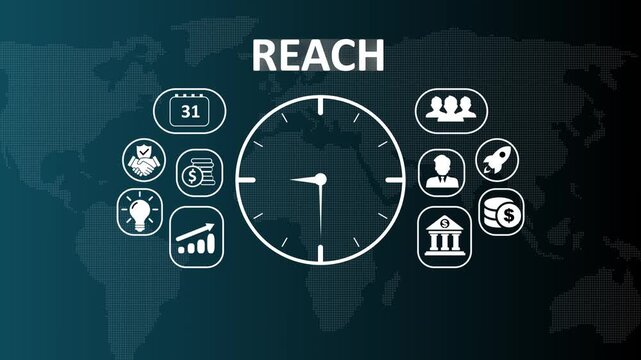 Global market reach and target audience growth concept animation displaying digital marketing strategy icons, customer engagement symbols, and international business expansion.