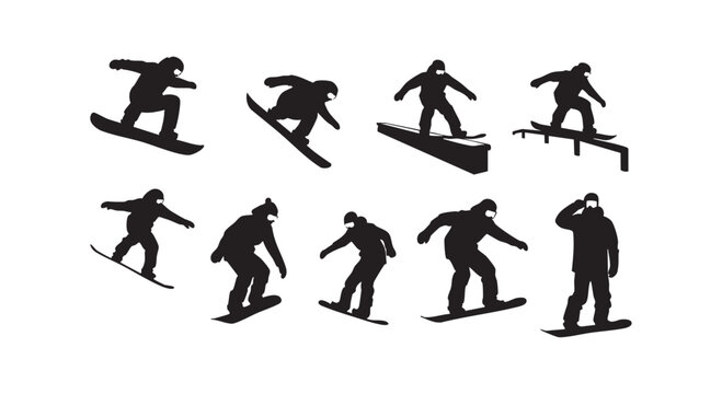 Snowboarders silhouettes set isolated on white background displaying various action poses and stunts in sport.