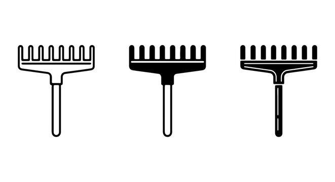 Garden Rake Icons, Farming Tool Vector Set, Agricultural Equipment Graphics