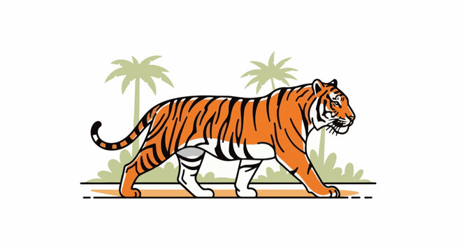 Stylized orange tiger with black stripes walks through a lush, green tropical landscape with palm trees
