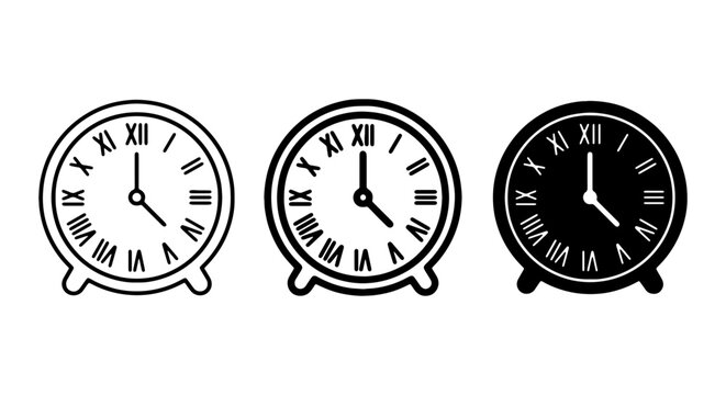 Round Alarm Clocks, Roman Numerals, Time Icons. Vector Set