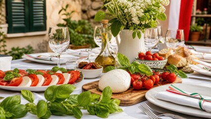 A Vibrant Italian Feast Spread with Fresh Ingredients, Artfully Arranged on a Rustic Table, Surrounded by Lush Greenery and Elegant Glassware