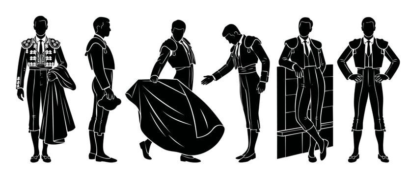 Matador Bullfighter Silhouette Set Collection - Spanish Traditional Costume Poses. Professional Toreador Characters in Various Bullfighting Stances, Iconic Hispanic Cultural Heritage Illustration Grap