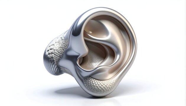 Surreal Silver Ear Sculpture on White Background, Artistic Expression.