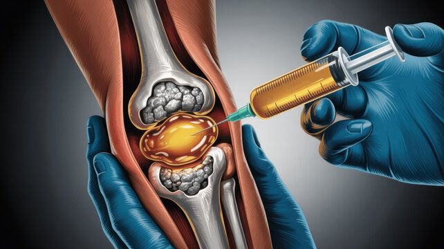 Medical professional injecting knee joint with syringe for treatment