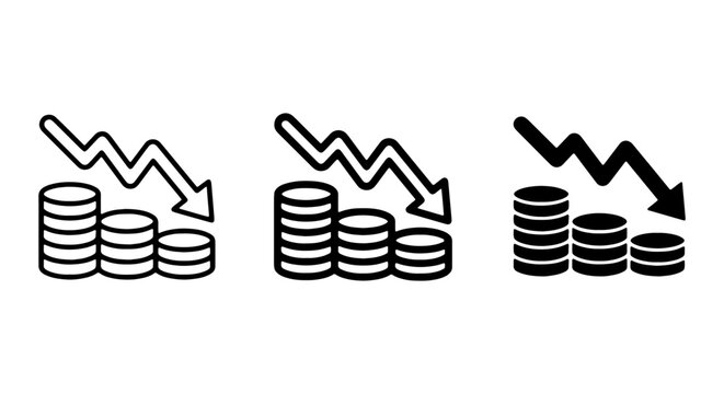 Financial Decline Icons, Falling Coin Stacks, Economic Downturn Vector Graphics