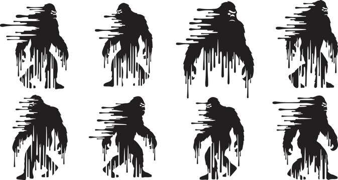 Bigfoot Silhouette Illustrations in Black and White Colors