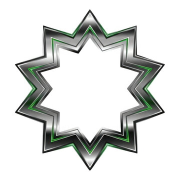 Metallic silver ten-pointed star frame, chrome geometric border with green accents, futuristic decagram emblem for logo design and branding isolated on Transparent Background