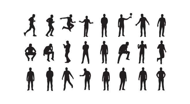 Varied collection of male silhouettes in dynamic poses, depicting activity, leisure, and everyday life for diverse uses.