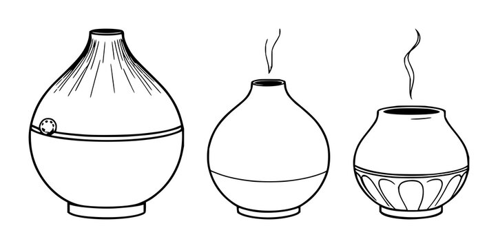 Essential oil diffuser set with ceramic design and simple line art featuring aromatherapy, home fragrance, relaxation with black outlines and decorative elements