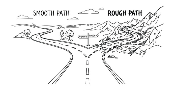 Fork in road with signs pointing to smooth path and rough path, detailed illustration.