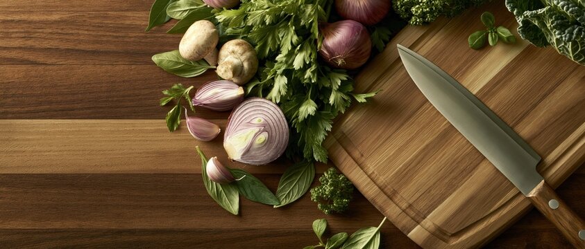 Fresh red onions mushrooms garlic and parsley arranged on a wooden cutting board with a knife