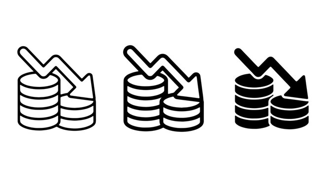 Financial Crisis Icons, Falling Coin Stack Graphics, Economic Downturn Symbols, Business Loss Vector Set