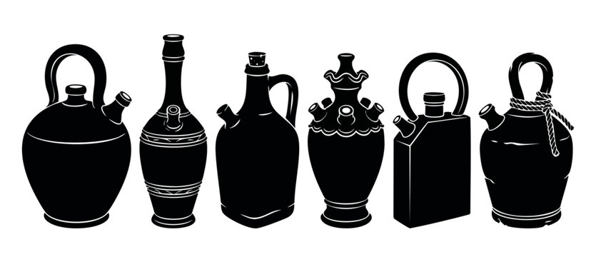 Ceramic wine bottle silhouette set, traditional Spanish botijo vessels and vintage clay jugs isolated on white background for Mediterranean decor design elements and rustic kitchenware drink concepts.