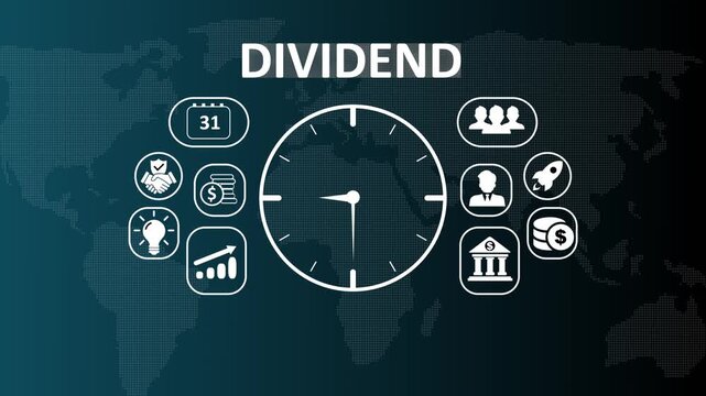 Corporate dividend payment and shareholder profit sharing concept animation with digital icons for investment income, stock market returns, and financial growth on a blue screen.
