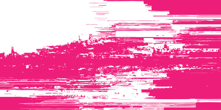 Glitch art pink distorted digital error effect on white background