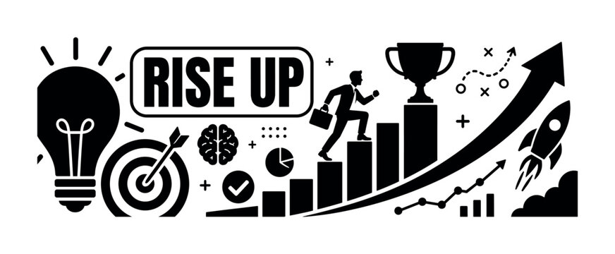 Growth Success Development. Wide banner with a business person climbing oversized chart bars toward a giant trophy and arrow, 2 characters maximum, large lightbulb and target reaching all four edges,