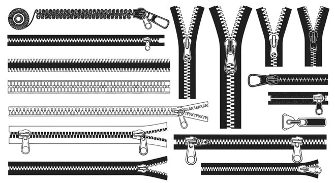 Collection of Various Zipper Types and Styles, Black and White Vector Illustration